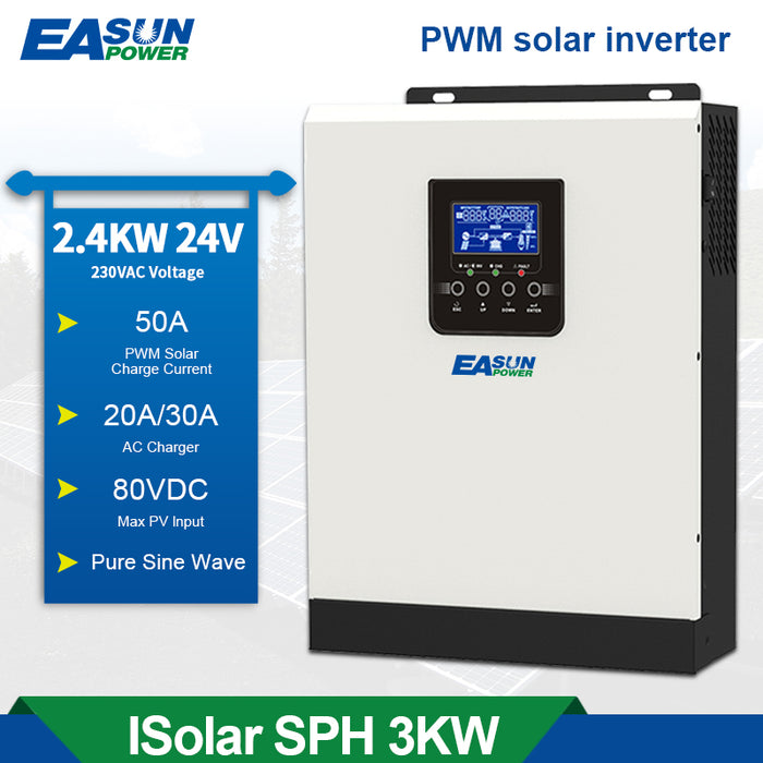 Falownik solarny EASUN 3KVA 24V 220V falownik hybrydowy czysta fala sinusoidalna wbudowany 50A PWM regulator ładowania słonecznego ładowarka 