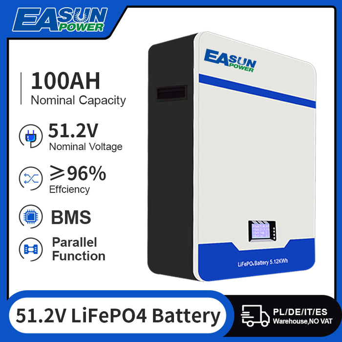 EASUN 5kWh/10kWh 48V 100AH/200AH LiFePO4 Battery Power Storage Wall--mounted