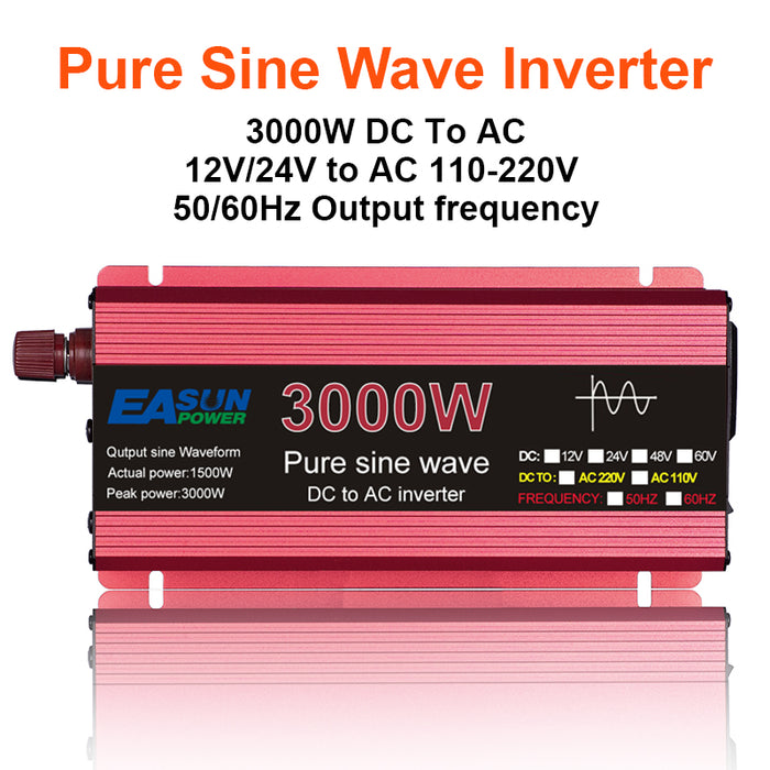 POWLAND 1000W 1600W 2200W 3000W Pure Sine Wave Inverter DC 12V 24V To AC 220V Voltage Transformer Power Converter Solar Car Inverter