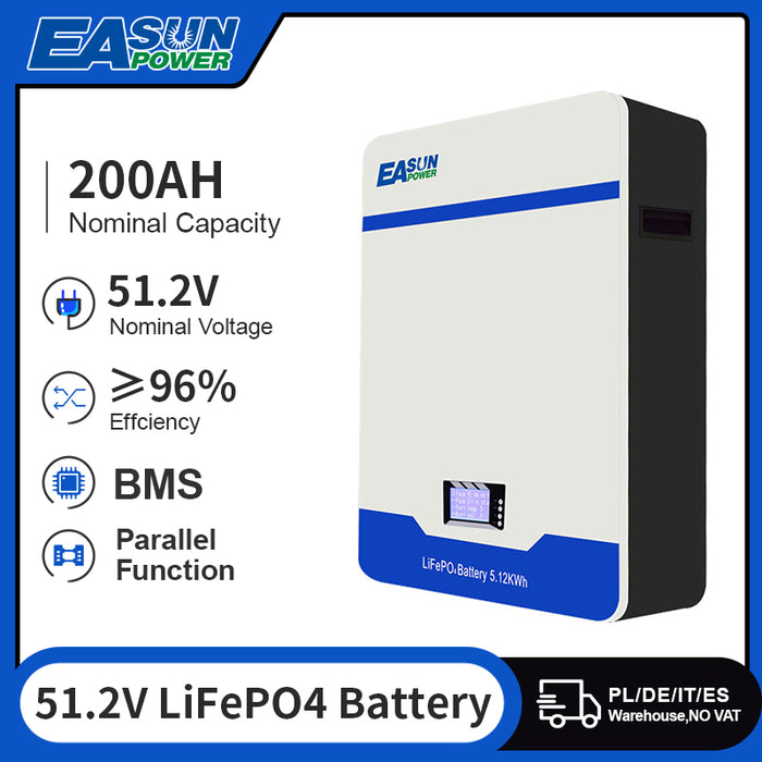 EASUN 10kWh 48V 51.2V 200AH LiFePO4 Battery Solar Energy Storage Wall Mount