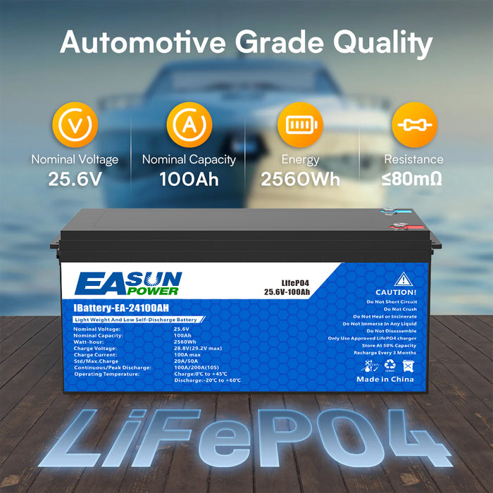 【0% VAT】EASUN 24v 100Ah LifePO4 Lithium Iron Phosphate Battery 25.6V Grade A Parallel