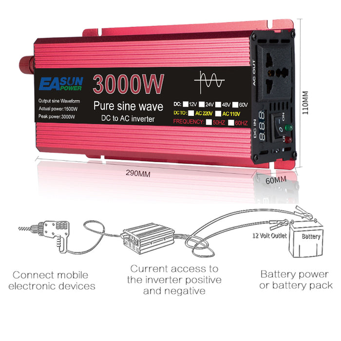 POWLAND 1000W 1600W 2200W 3000W Pure Sine Wave Inverter DC 12V 24V To AC 220V Voltage Transformer Power Converter Solar Car Inverter