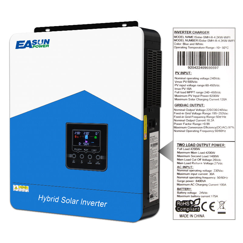 Inverter solare EASUN da 4200 W, onda sinusoidale pura, inverter fuori rete, caricabatterie MPPT da 120 A, doppia uscita