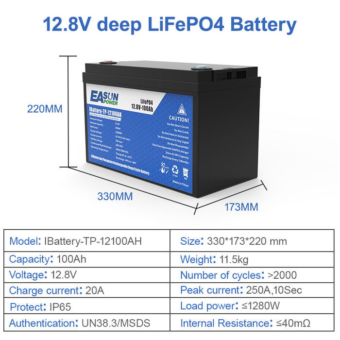 EASUN POWER Lifepo4 Bateria litowo-żelazowo-fosforanowa 12 V 100 Ah 12,8 V klasy A, równoległa i konfigurowalna Bateria słoneczna + 2000 cykli Magazyn UE
