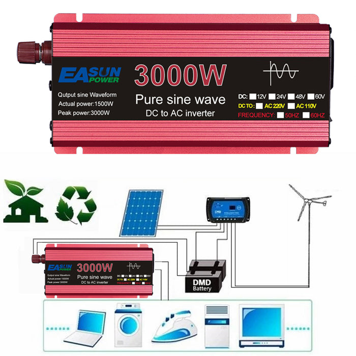 POWLAND 1000W 1600W 2200W 3000W Pure Sine Wave Inverter DC 12V 24V To AC 220V Voltage Transformer Power Converter Solar Car Inverter