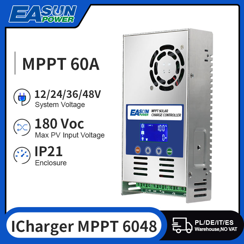 EASUN POWER 60A MPPT Solar Charger Controller 12V 24V 36V 48V Max PV 180VOC
