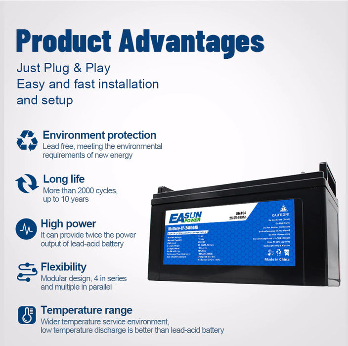 EASUN 24v 100Ah LifePO4 Lithium Iron Phosphate Battery 25.6V Grade A Parallel