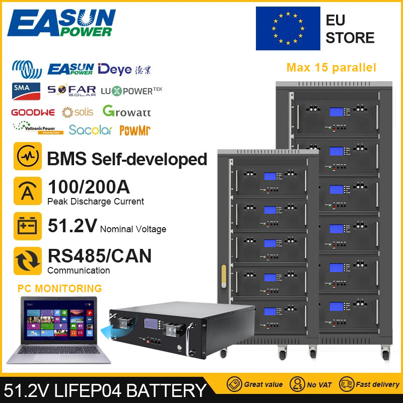 【0% VAT】Easun Power 48v 16S 100Ah Lifepo4 Battery Pack Parallel 15p 6000+ Cycle CAN RS485 BMS