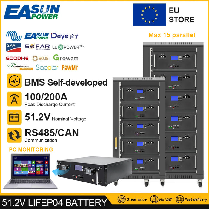 Easun Power 48v 16S 100Ah Lifepo4 Battery Pack Parallel 15p 6000+ Cycle CAN RS485 BMS