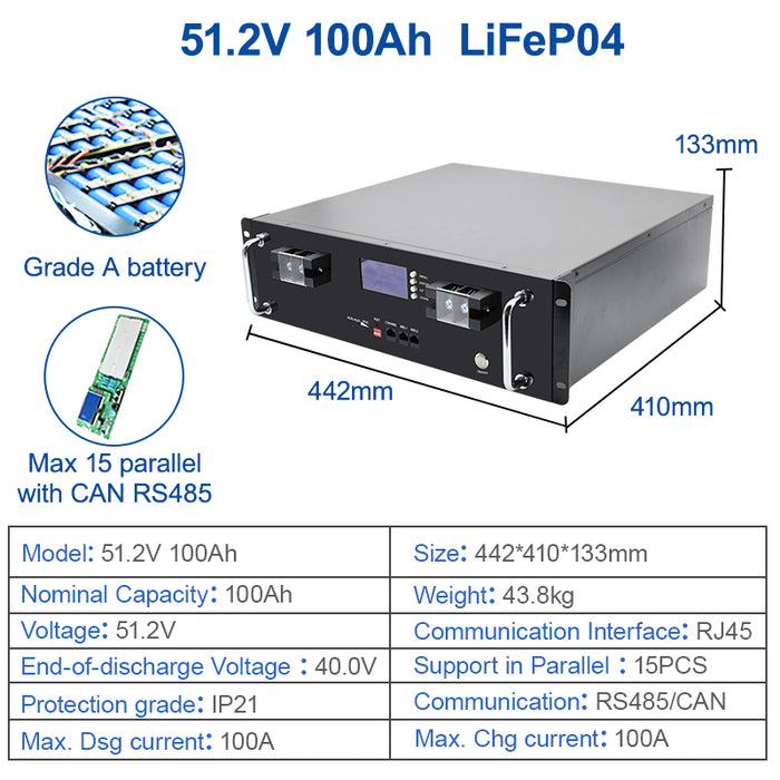 EASUN POWER 48v 51.2v 16S 100Ah 5KW Lifepo4 Lithium Li-ion Battery Pack Parallel 15p 6000+ Cycle CAN RS485 BMS